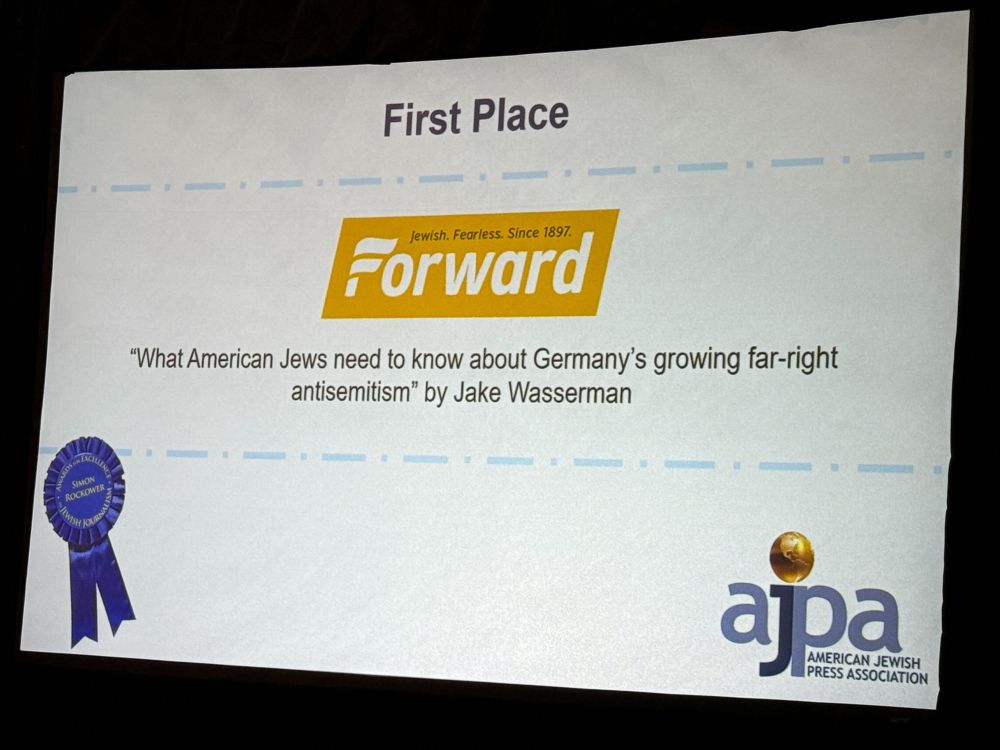 A screen that shows a First Place award from the American Jewish Press Association for my story "What American Jews need to know about Germany's growing far-right antisemitism"