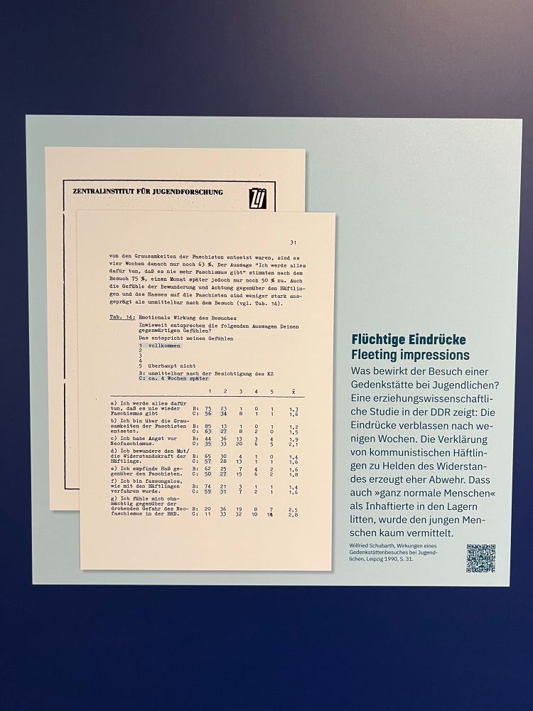 A GDR-era survey from an exhibition at the former SS headquarters in Berlin that suggests visiting concentration camp memorials has a waning effect on changing the minds of students.

Translation: “How are young people affected by a visit to a memorial? An educational study in the GDR showed that impressions fade after a few weeks. Glorifying communist inmates as heroes of the resistance tended to elicit a defensive response. Young people learned little about the ‘completely normal people’ who suffered as prisoners in the camps.”