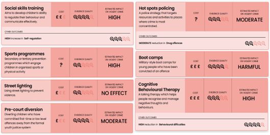 Screenshot of youthendowmentfund.org.uk webpage that list the effectiveness of different interventions designed to cut serious youth violence.