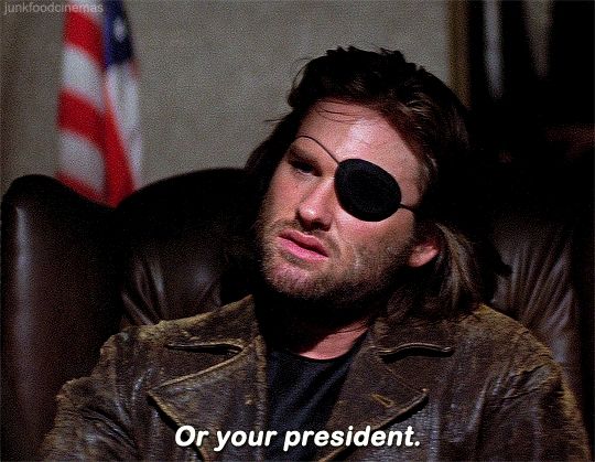 A clip from the movie Escape from New York (1981) dir. John Carpenter, where Snake Plissken declares, "I don't give a fuck about your war... Or your president." 