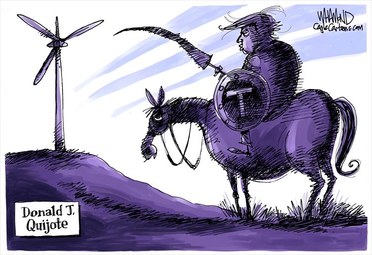 Cartoon by Dave Whamond: "Donald J. Quijote" sitting on a bored horse, staring at a modern windmill, and holding a limp lance.
https://www.laprogressive.com/mister-president/cancer-causing-windmills