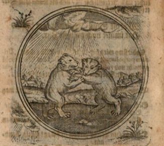 Pictura (Bildteil) des zitierten Emblems: zwei tanzende Bären im Regen vor ländlicher Landschaft. Das Motto lautet: "Wann der Regen ist vergangen/wird die Sonne wider prangen."
