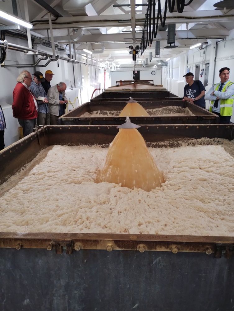 Beer recirculating through a spray fan onto the yeasty head