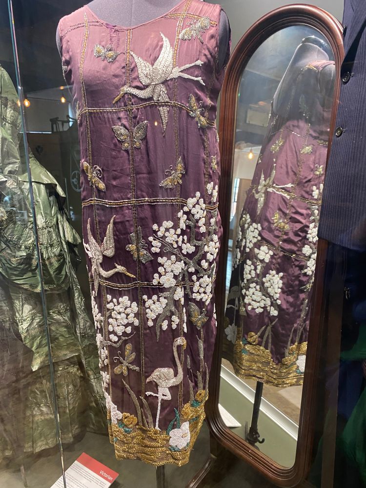 Purple silk shift dress with exquisite embroidery including flying heron cherry blossoms dragonfly and butterflies 