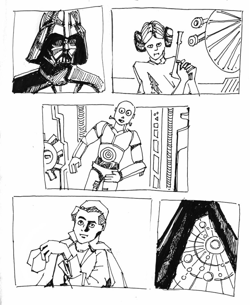 thumbnail studies of star wars movie shots in pen and ink

1. the iconic darth vader in helmet
2. princess leia holding a blaster -_-*
3. C3PO in the hallway,
4. Lando Norris playing cards, 0_o
5. a star map with a centric coordinate system (??)