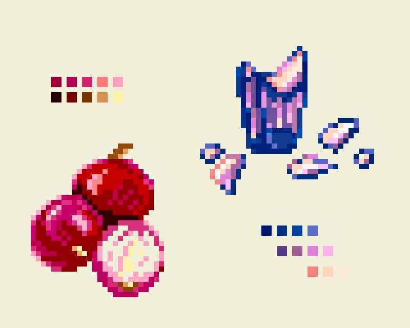 Two small still life studies.

On the left, some shiny red onions in a variety of pink and red tones. One is cut open, reveling the pixelated suggestion of layers inside.

On the right, a broken glass with shards surrounding it. The tones are a mix of pinks purples and blues, with beige to suggest transparent areas, and orange used sparingly for highlights.