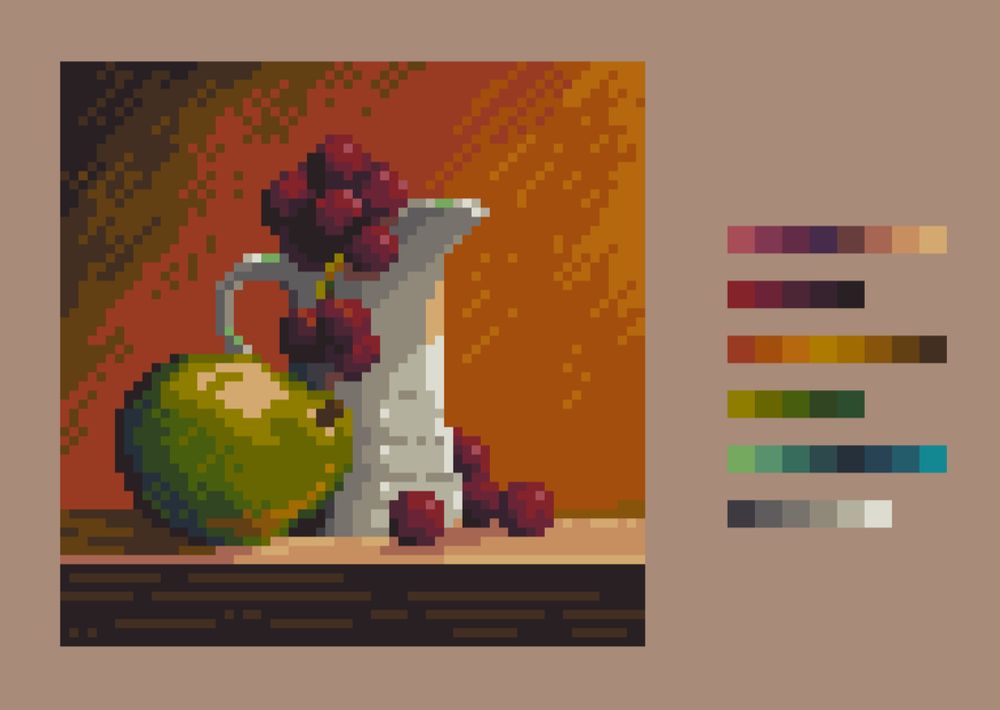 Pixel art still life. Luscious red grapes drape out of a ceramic white pitcher. A green pear in front of the pitcher creates a pleasingly organic composition. The scene is set in front of a cherry wood panel background with deep reddish tones. The highlights on the pitcher are pale mint green to create visual interest.

The palette on the right was used to pick colors for the image, palette is "Sunset" from Lospec.com