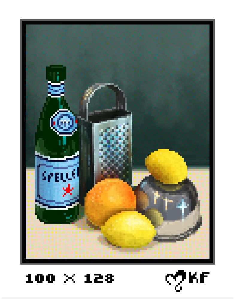 Pixel art still life study of some citrus fruit and an S. Pellegrini lemonade bottle. A grater and bowl suggest that some fresh lemonade is about to be made.

The reflections off the bottle, metal grater and bowl catch the light from behind the viewer, as well as the saturated oranges, yellows and greens in the scene.