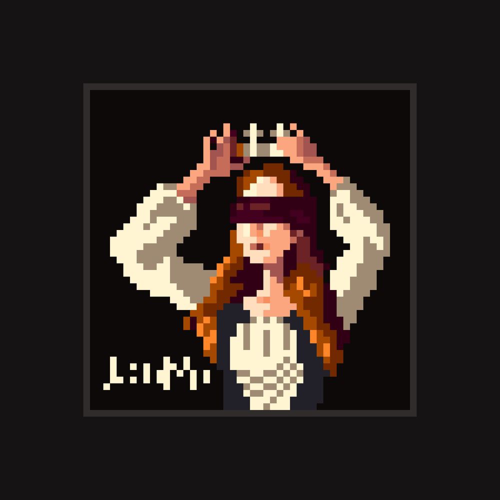 [pixel art] A blindfolded maiden with red hair crowns herself. Her expression is stoic yet graceful. Her hair catches the light shown with small bright orange pixels.

