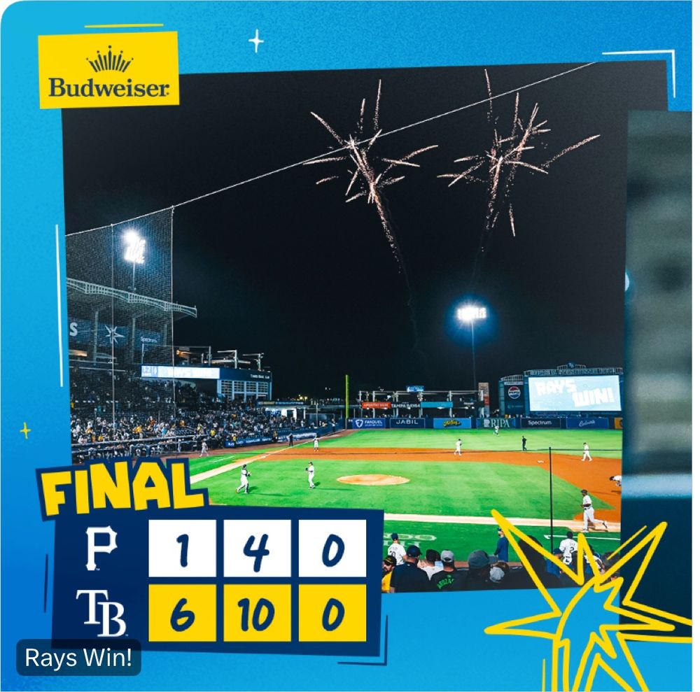 Graphic showing the Rays final score of 6-1 over the Pittsburgh Pirates.

Rays         6-10-0
Pirates     1-4-0