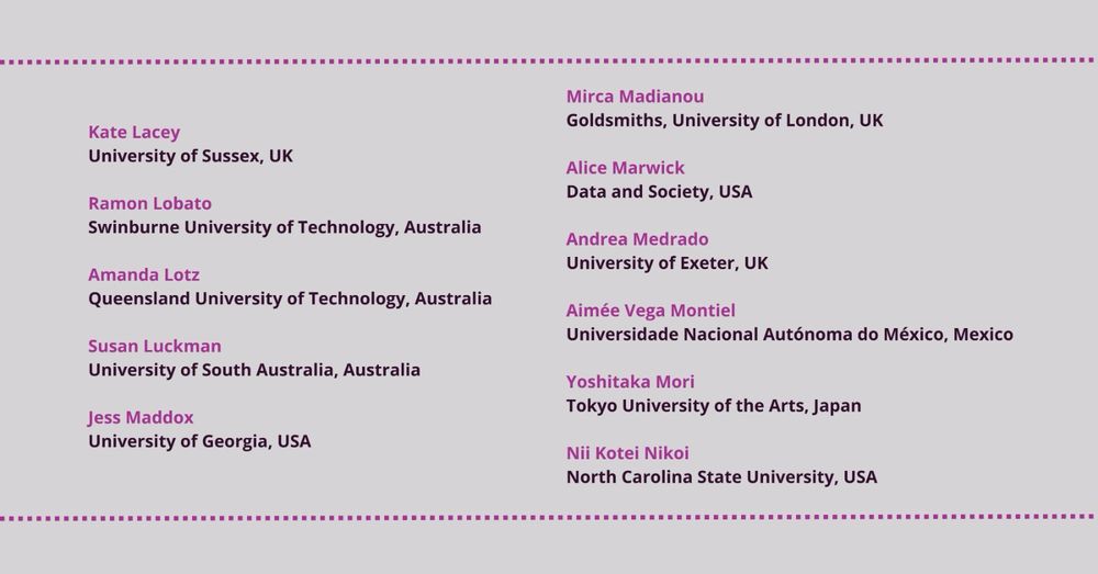 Over a light gray background, the names:

Kate Lacey (University of Sussex, UK), Ramon Lobato (Swinburne University of Technology, Australia), Amanda Lotz (Queensland University of Technology, Australia), Susan Luckman (University of South Australia, Australia), Jess Maddox (University of Georgia, USA), Mirca Madianou (Goldsmiths, University of London, UK), Alice Marwick (Data and Society, USA), Andrea Medrado (University of Exeter, UK), Aimée Vega Montiel (Universidade Nacional Autónoma do México, Mexico), Yoshitaka Mori (Tokyo University of the Arts, Japan), Nii Kotei Nikoi (North Carolina State University, USA)