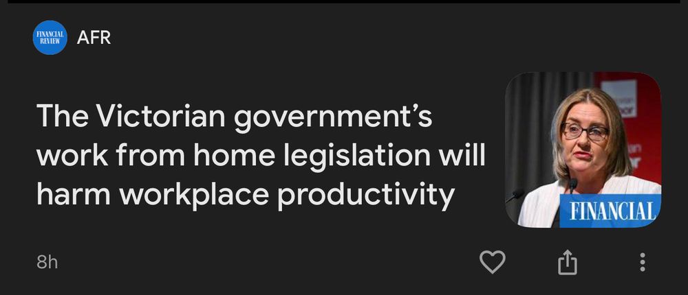 FINANCIAL REVIEW
AFR
The Victorian government's work from home legislation will harm workplace productivity
8h
FINANCIAL