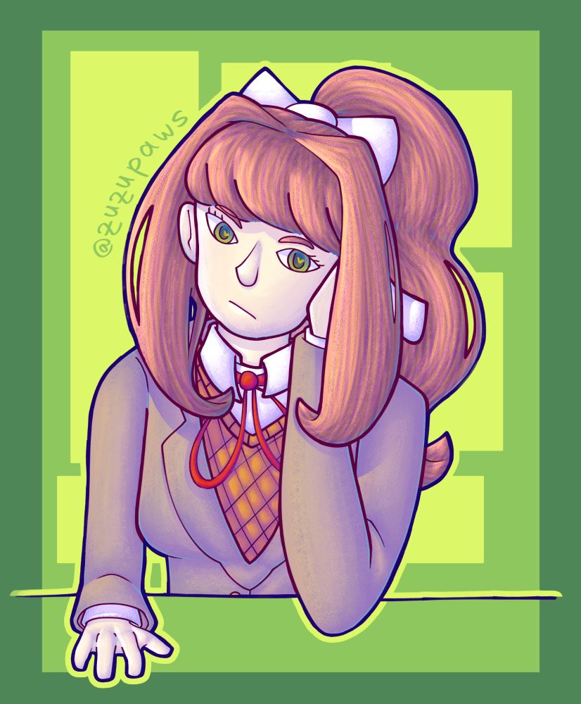 digital drawing of monika from DDLC staring at you from behind a table, kind of like in the game. there is a simple background made up of varied shades of green