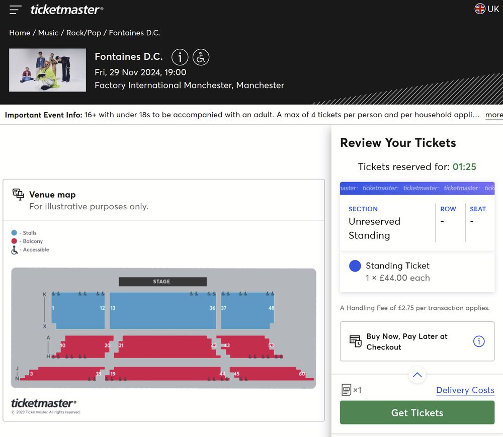 Ticketmaster screenshot showing availability for Fontaines DC at Manchester Aviva Studios (Fri 29th Nov 2024)