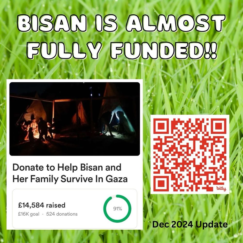 Image titled “Besan is almost fully funded” in all caps, with a red QR code and the GoFundMe header picture captioned: “Donate to Help Besan and Her Family Survive In Gaza. The current campaign amount is £14,584 out of £16,000, with a 91% circular green progress bar. The background is of green grass. Small text underneath the QR code reads “Dec 2024 Update”