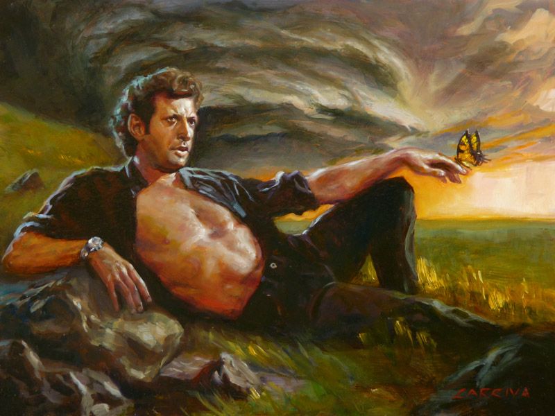An oil painting of Jeff Goldblum reclining on a rock in a field, open shirted, in a way evocative of both Michelangelo's Creation of Adam and his bare-chested appearance in Jurassic Park. Perched on a finger is a lone butterfly, its wing flapping causing a storm in the distance behind them.