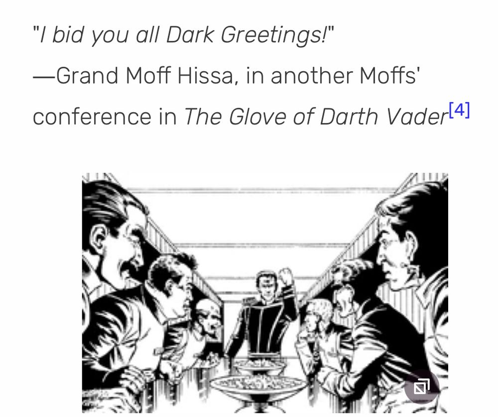 A screenshot from Wookieepedia showing black and white illustration of a table of evil imperial Moffs, one standing at the end with a fist melodramatically raised. Above it, the quote “I bid you all Dark Greetings!”