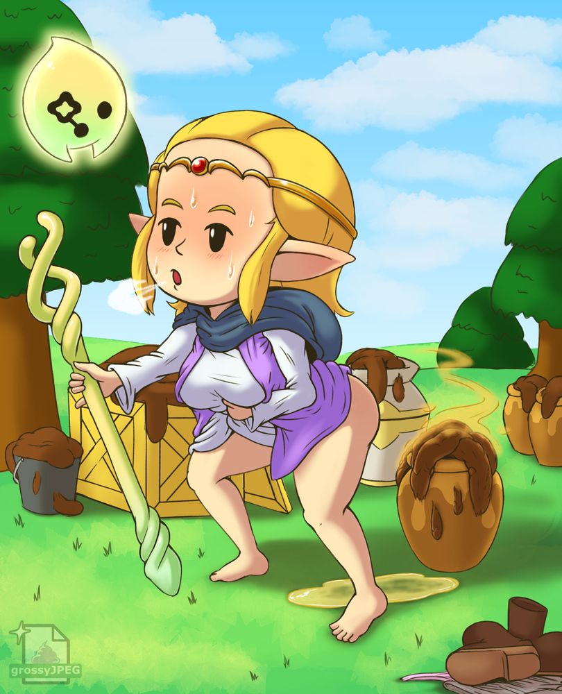 Princess Zelda from Echoes of Wisdom half-squatting in front of a pot she has summoned. The pot has been freshly filled with her poop and there is a puddle of pee below her.