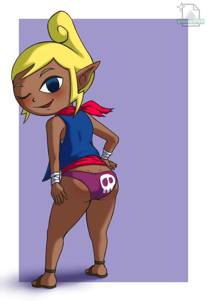 Tetra (pantsless) smirking with her back to the viewer.