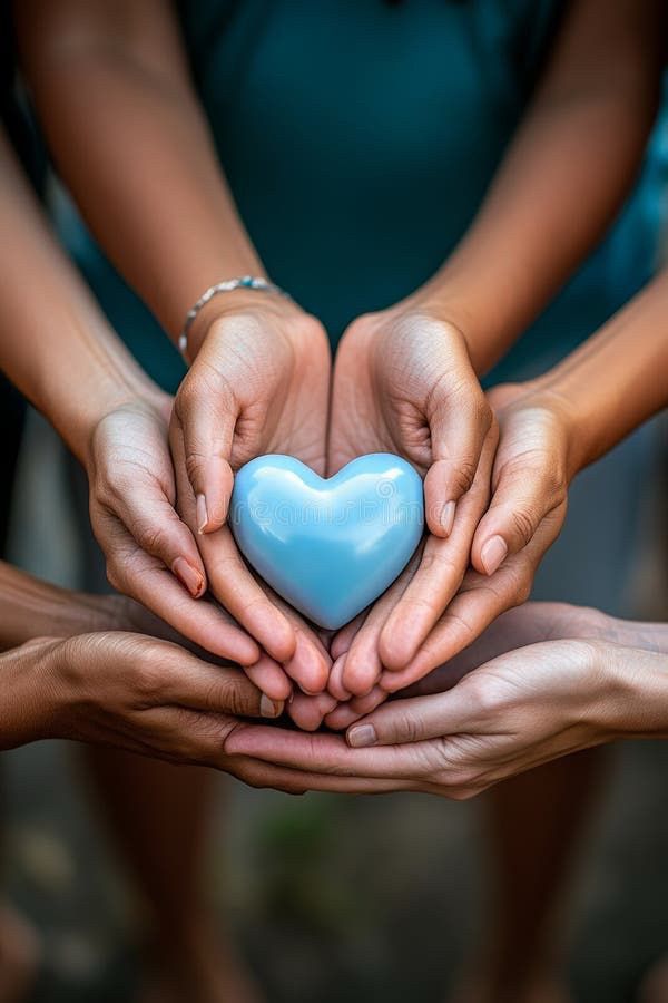 Many hands holding a blue stone heart. 