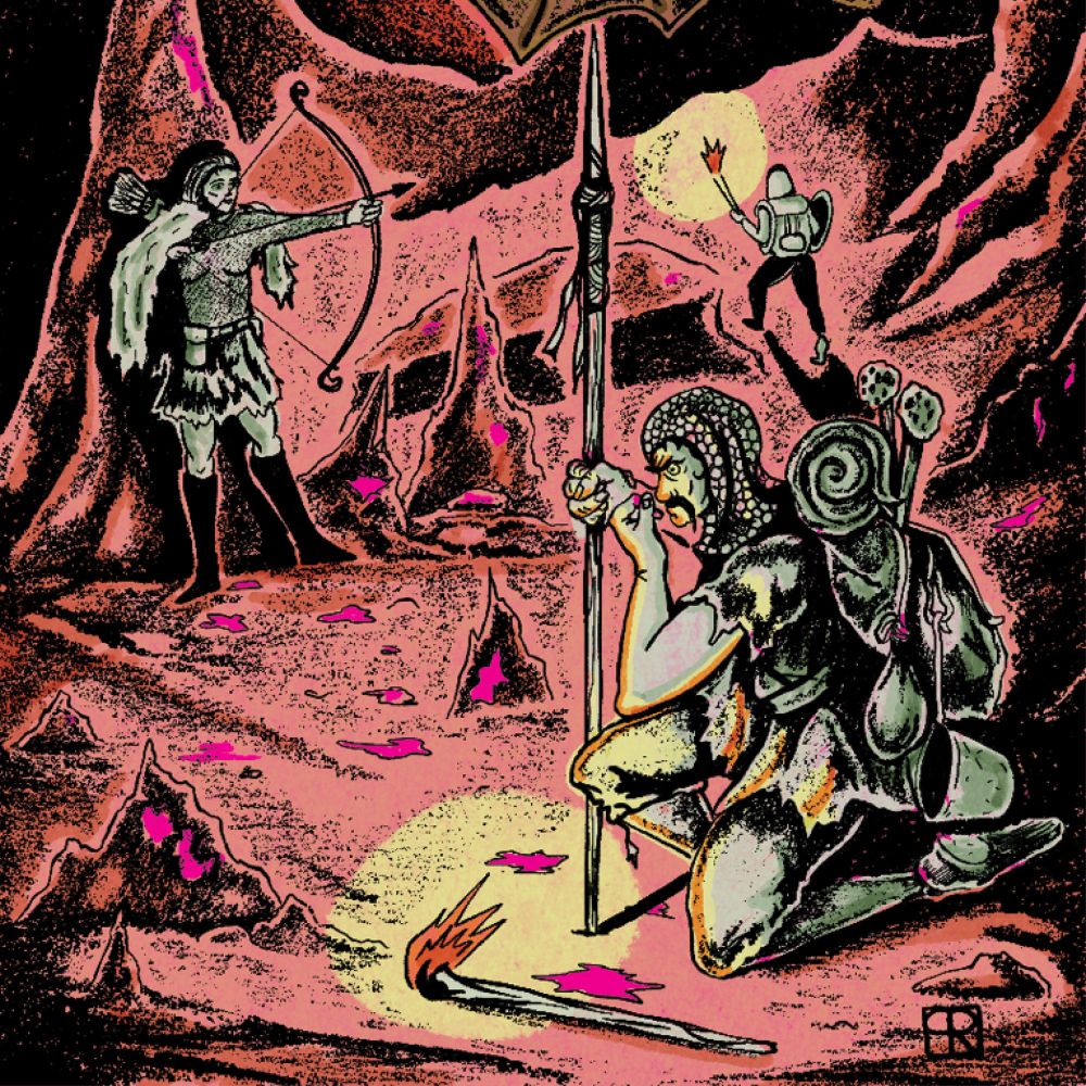 A dark cave lit by torches. three adventurers, one scouting ahead, one with bow at the ready, the third smalling bat guano. Probably going in to taste it. He looks sketchy.