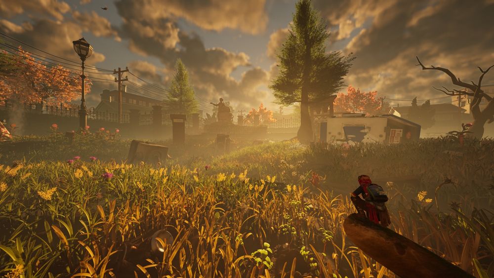 Wide shot of Brookhollow Park from Grounded 2 with character Pete squatting in lower right corner on a branch.