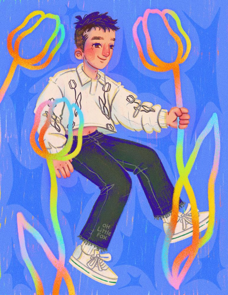 tyler joseph wearing his famous white crop top with tulips embrodery, floating on a blue bg with giant rainbow tulips.