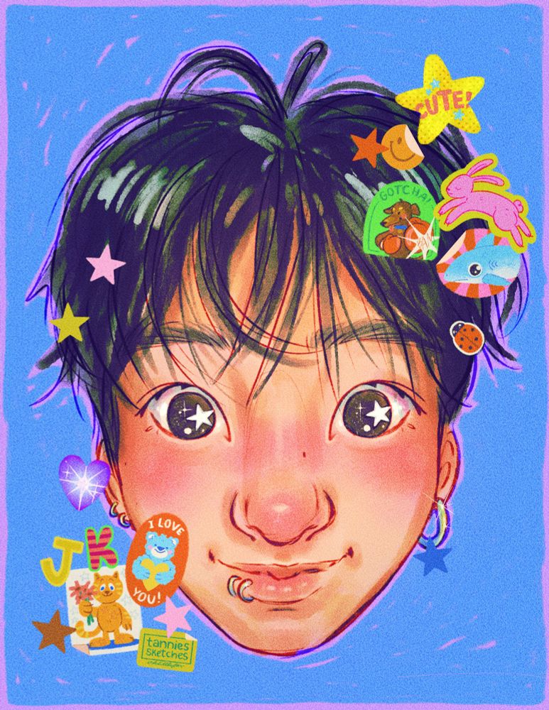 drawing of jungkook being extra round surrounded by cute colorful little stickers