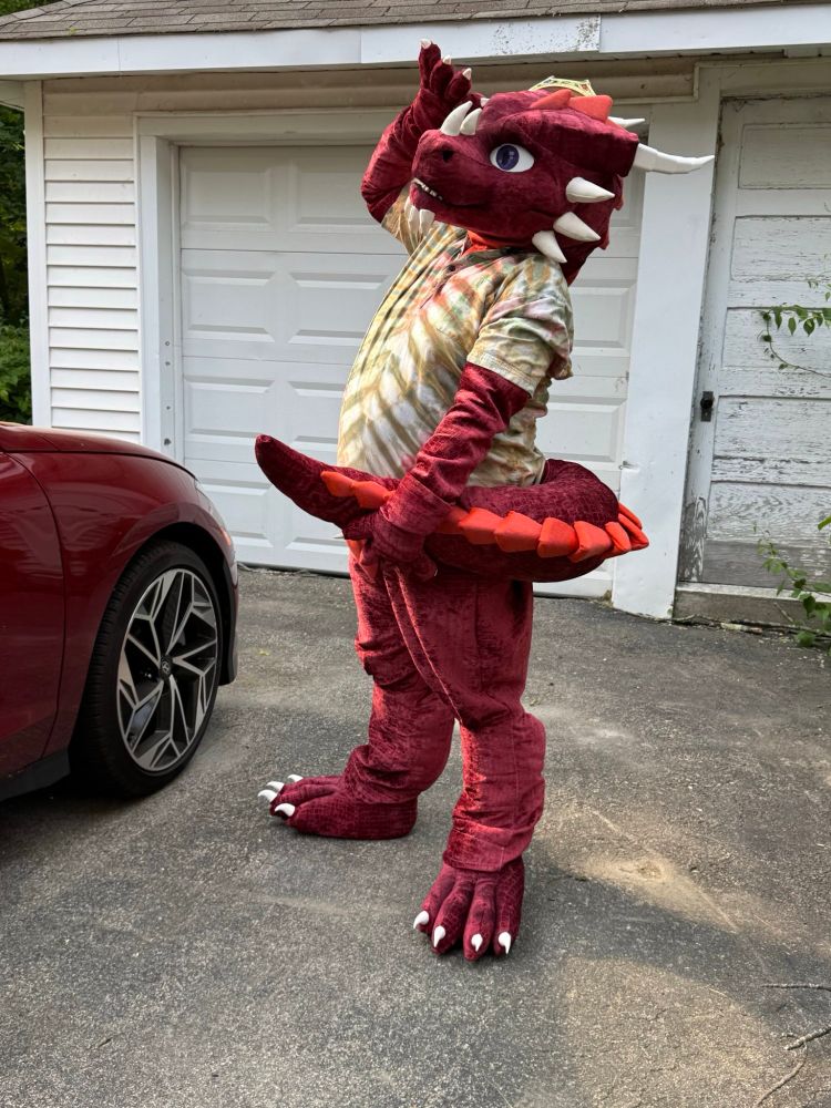 A red dragon fursuiter wearing a shirt and holding his tail looking at the sky