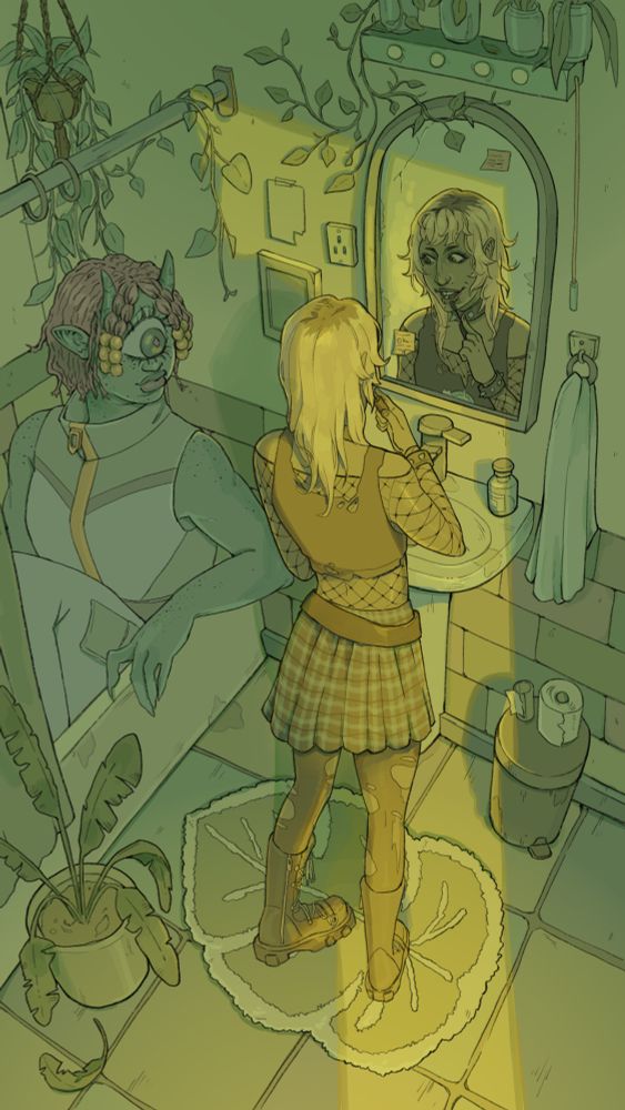 An art piece depicting a bathroom scene seen from a high angle.
The piece is mostly green and yellow.
You can see tall blonde woman with an olive skin tone from the back as standing in front of the bathroom mirror. In her reflection you can see her applying lipstick and smiling, looking off to the left. She's wearing a black torn-up crop top over a mesh fishnet shirt. She has on a loose black belt over a mid-thigh checkered black and gree shirt. She's wearing black torn up thights and black combat boots.
On the left, inside the bathtub, sits a cyclops woman. She has blue skin and pink hair done in micro-braids. She stares back at the blonde woman looking curious. She's wearing a white and grey sleeveless bodysuit with a wide turtle neck and a golden zipper.
The bathroom has several plants in pots, and a rug that looks like a monstera leaf. There's a bright sliver of light coming from the door that's offscreen.