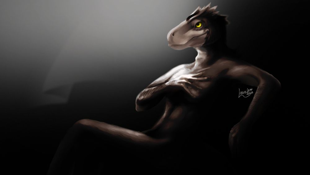 Digital painting of an anthropomorphic Utahraptor in repose. The lighting is dramatic, and the background is dark and ambiguous.