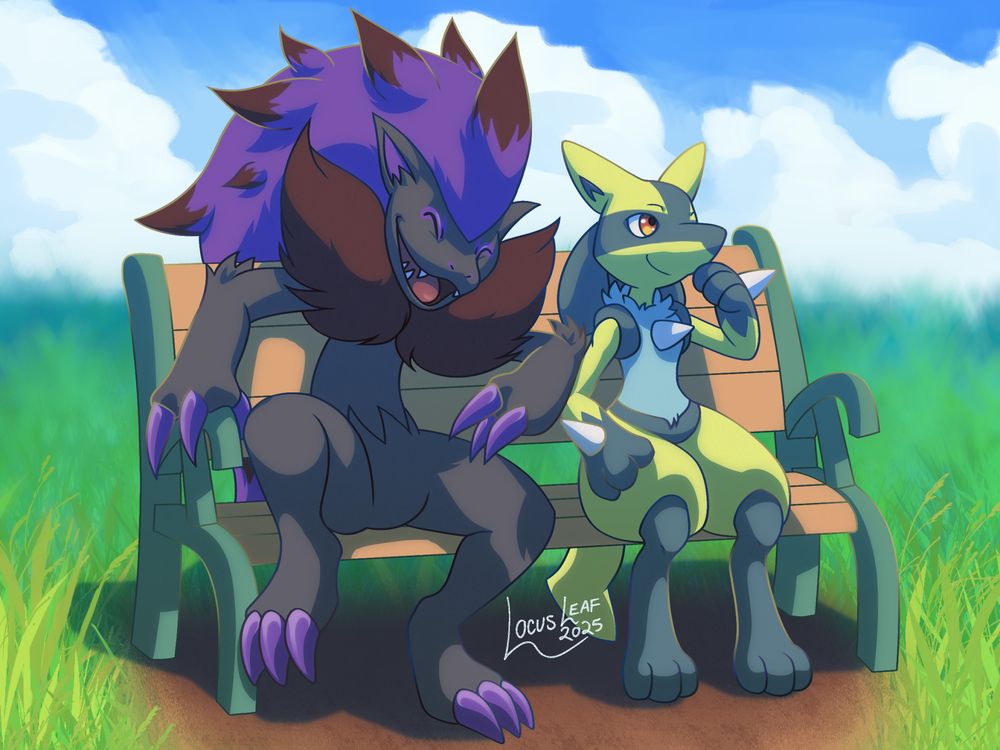 Digital drawing of a Zoroark and Lucario sitting side by side on a metal bench with wood slats, situated in a grassy field.