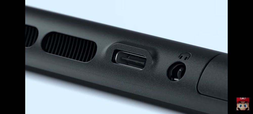 The top of the Switch 2, showing heat fans, a USB port, and a 3.5 headphone jack