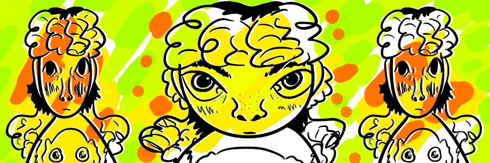 portrait of a person in a round style with highlighted black lines on a neon background. In the center is a bust of the person distorted as if seen through a fisheye lens. They stare forward with wide eyes and a blank expression. They have a faint epicanthic fold with spots beneath their eyes and on their nose. Their hair is a light, curly mullet with black roots. Their cheeks are slightly flushed. They wear a shirt with torn sleeves. On the left and right is another bust of the person now distorted as if horizontally compressed, making them appear thinner. Their eyes are darker and their face is more flushed. More of their shirt is visible, revealing a print of an amorphous animal with large sparkly eyes. The background is yellow, green, and orange. The yellow is focused on the center bust while the two thin busts are yellow and orange.