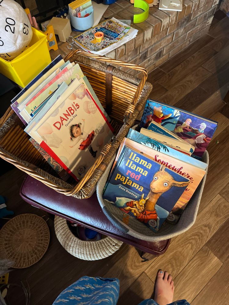 The other books!

On the left a basket of books that are more story book style.

On the right, a basket of sleepy/bedtime books.

