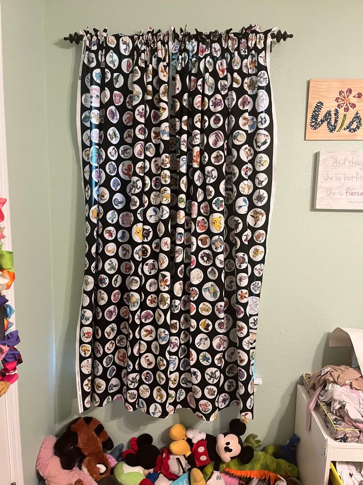 Homemade curtains for a pre-schoolers room.

The fabric had a black background with white circles featuring all (I think) of the original 150 Pokemon characters. 