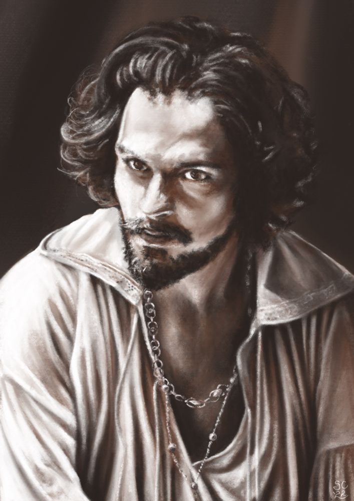 Sepia toned digital charcoal study of Santiago Cabrera as Aramis. He is wearing a loose white shirt that falls open at the front and a long chain around his neck that bears a crucifix (off picture). The light comes from the left of the picture and the background is dark. There are many folds in his shirt and his dark curls are tumbling loosely.