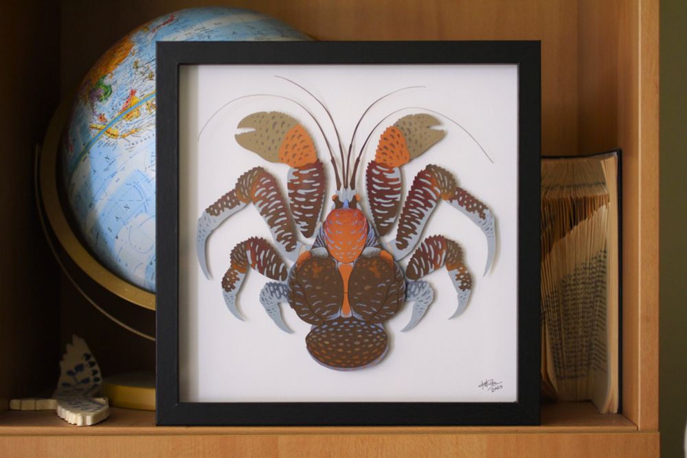 Artwork of a coconut crab, made from hand cut coloured paper