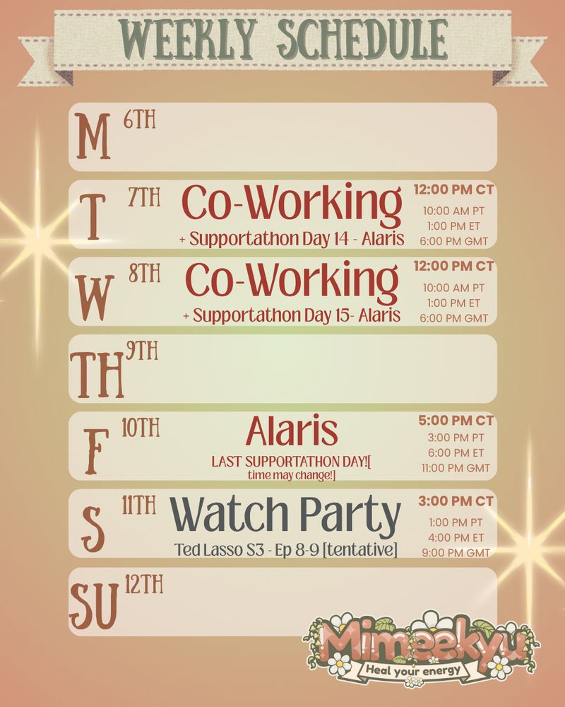 Meems' Twitch Schedule: Tues & Wed Co-Working @ 12pm CT | Friday Alaris @ 5pm CT (time may change! follow to stay updated) |