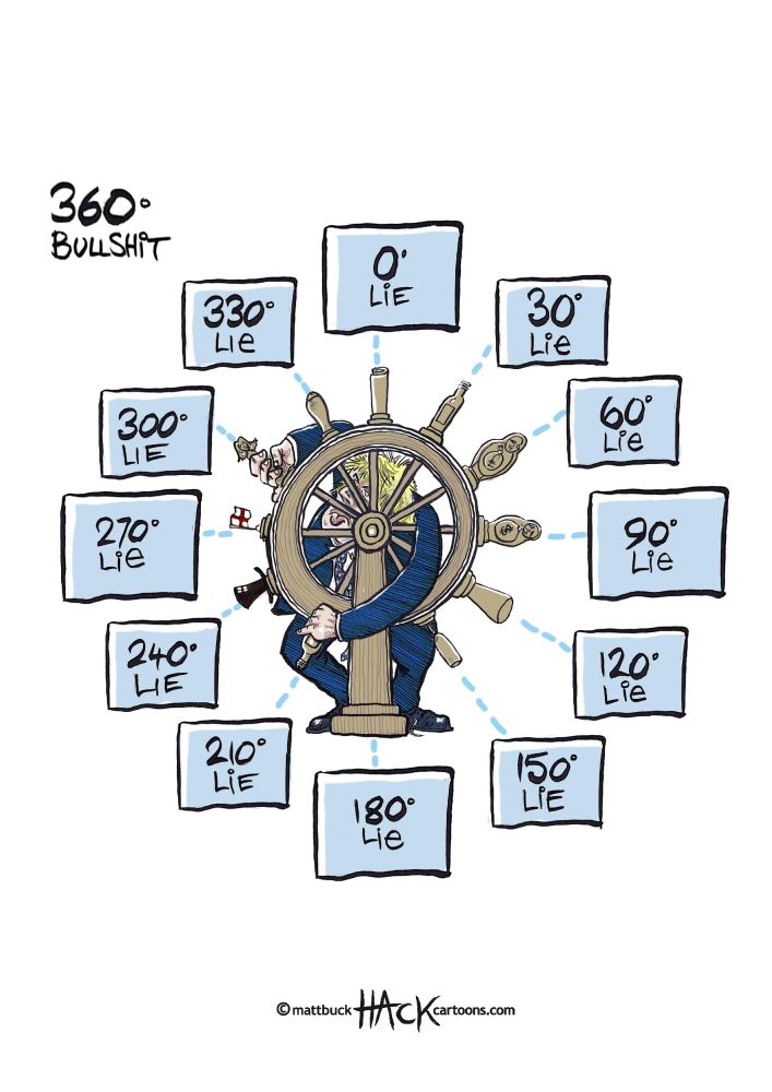 Former prime Minister Boris Johnson - 360 degree bullshit - Cartoon caricature by Matthew Buck at HACK Cartoons