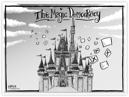 A cartoon of the Magic Democracy in the United States of America using a drawn representation of tge Disney castle. By Matthew Buck at HACK cartoons