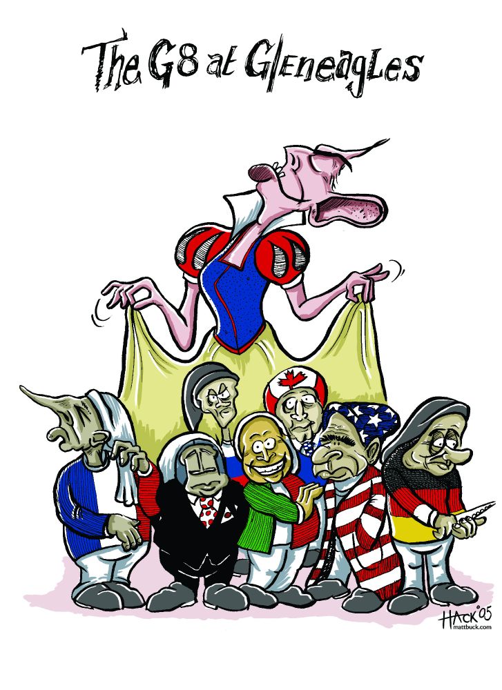 Cartoon of the concurrent G* meeting at Gleneagles in SCotland at which former UK Prime Minister Tony Blair presided in the aftermath of 7/7 suicide bombings in London. Cartoon drawn in July 2005 by Matthew Buck at HACK Cartoons