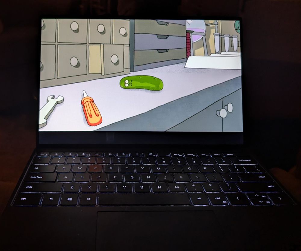 laptop with a fullscreen image of a still of pickle rick