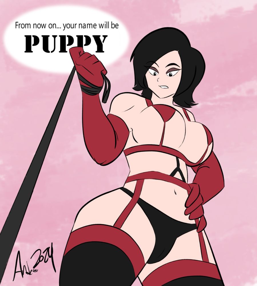 Ada Wong collaring and leashing you, wearing her trademark Red and Black lingerie, declaring that your name from this point on will be “Puppy”