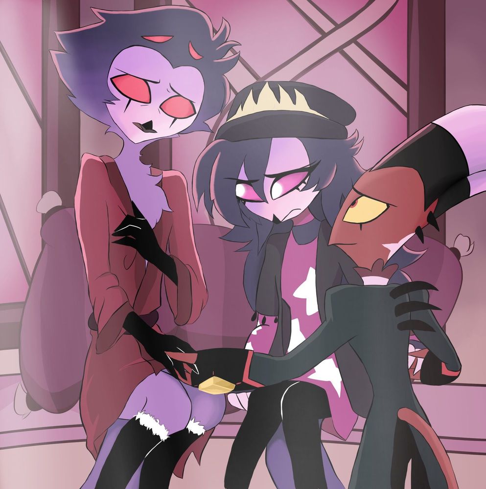 Stolas and Octavia sitting in front of Stolas' kitchen window. They both look upset and unsure of themselves. Blitz is standing in front of them, smiling sweetly, and holding each of their hands.  A soft pink glow coming from the window is covering the three of them.