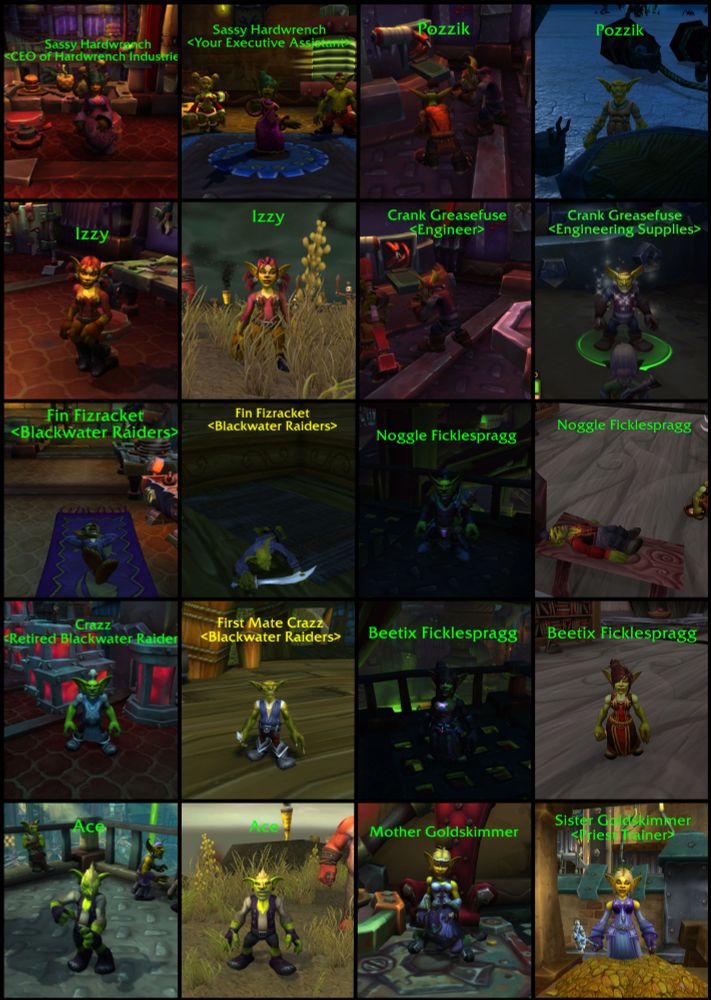 A chart that shows some goblin NPCs in Undermine side by side with other places they've popped up in World of Warcraft. From the top left going clockwise: Sassy Hardwrench, who pops up in the goblin starting zone. Pozzik, who appears in Shimmering Flats in both vanilla and Cataclysm. Crank Greasefuse from the goblin heritage questline. Noggle Ficklespragg and, below that, his cousin Beetix Ficklespragg, both of whom can be found in Silithus. Then Mother Goldskimmer and Ace from the goblin starting zone. Crazz and Fin Fizracket, pirates from Booty Bay. And lastly, Izzy, who's also in the goblin starting zone.
