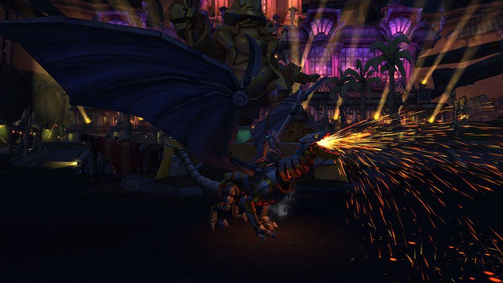 A screenshot of the Steamscale Incinerator mount mid-mount special. The mechanical dragon is roaring a shower of sparks, its wings flared out threateningly. 