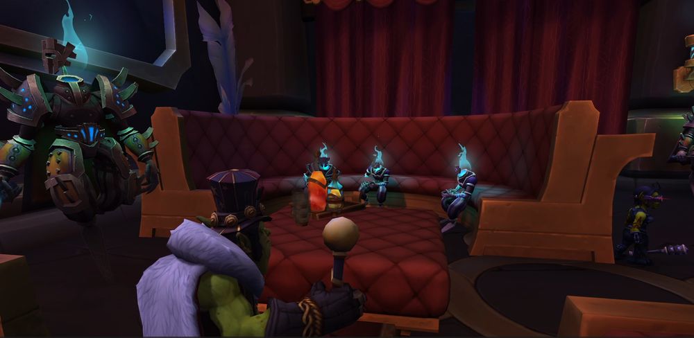 Another screenshot of Gallywix in Tazavesh, but this one from behind to show the three broker negotiators on the couch opposite the former Trade Prince.
