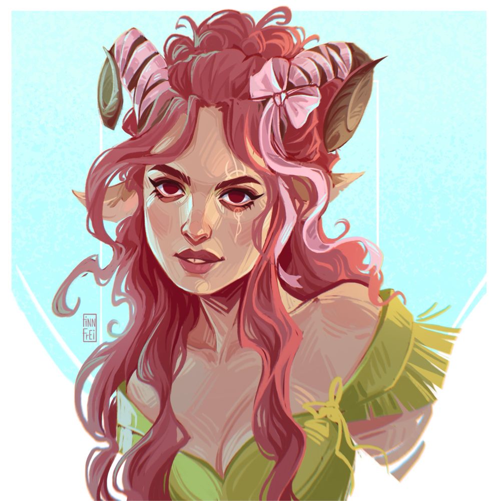 Digital portrait illustration of an original character. 
The art depicts a satyr, bust up. She is looking at the viewer with a slight smile. Beaujolais has long curly pink hair, part of which is pulled up. Her horns are curled and lighter brown with pink ribbons wrapped around them, top to bottom. Satyr’s eyes are dark red and there’s a birthmark over her left eye a touch lighter than her skin. She’s wearing a light green corset. 