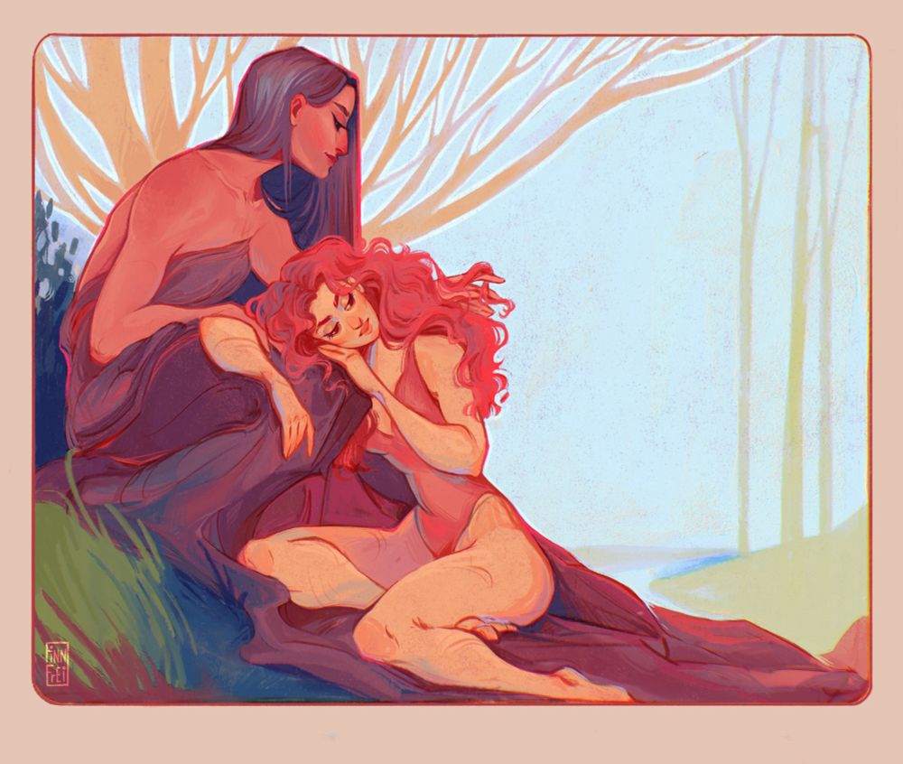 A digital illustration depicting two women. One is resting in the other’s lap, the other is playing with her hair. Blue sky and trees are on the background. 